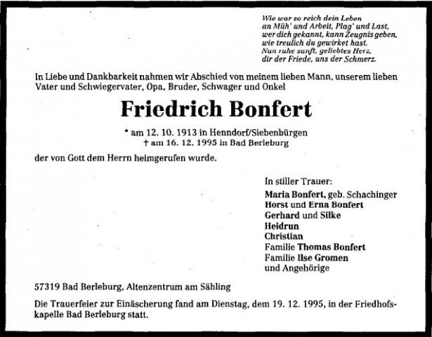 Bonfert Friedrich 1913-1995 Todesanzeige